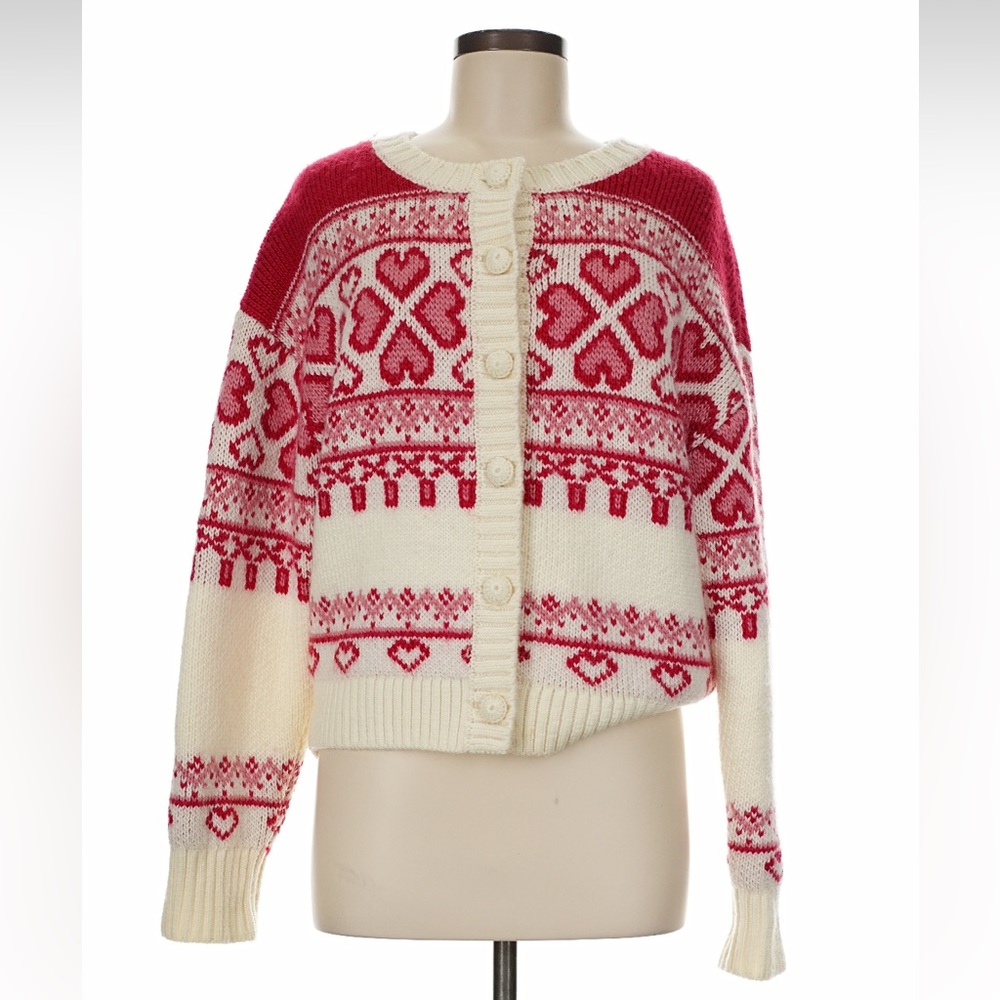 Paris Atelier & Other Stories Jacquard Knit Heart Cardigan size medium